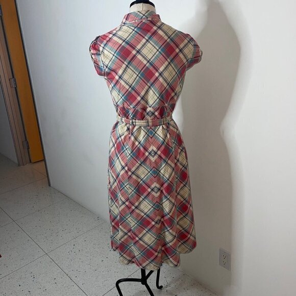 J Peterman Vintage Midi Dress Size 6 Pink Blue Cream Plaid Cotton Matching Belt - Picture 10 of 15
